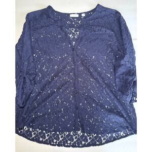 New York & Company Women XL Navy Lace Blouse 3/4 Sleeve Button Front Floral